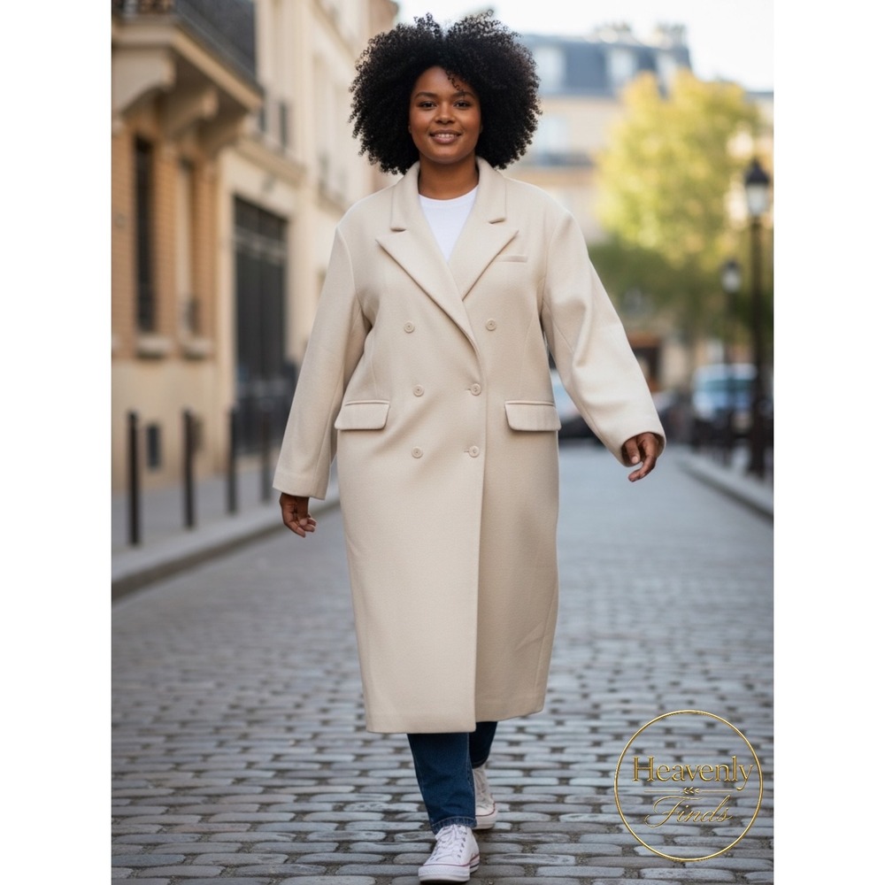 KBB by Kahlana Double Breasted Wool Blend Long Coat 3XL Cream NWT
